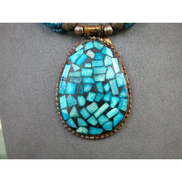 Turquoise Beaded Necklace & 2 Bracelet Set With Mosaic Pendant 26" - Picture 3 of 6